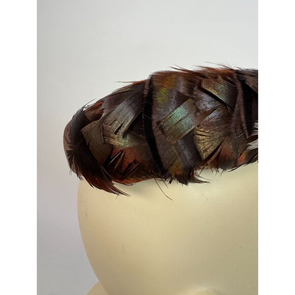 Vintage Feathered Fascinator Hat Brown & Beige Woven Design Womens Accessory Ele - Picture 2 of 14